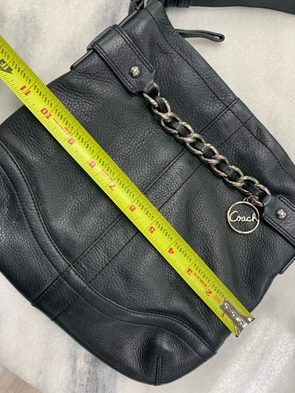 Coach Black Pebbled Leather Shoulder Bag with Chain Charm - Picture 6 of 8